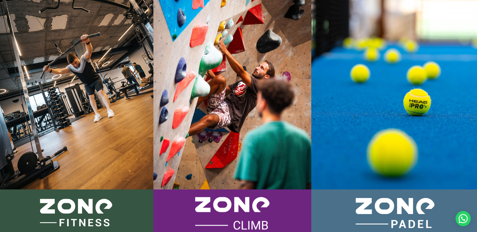 Website anterior da ZONE com as áreas Fitness, Climb e Padel
